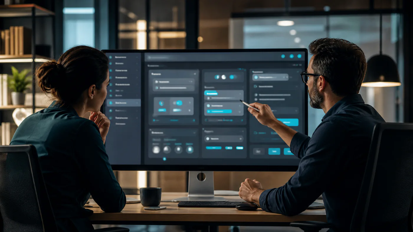 Team reviewing a custom business dashboard on a large monitor